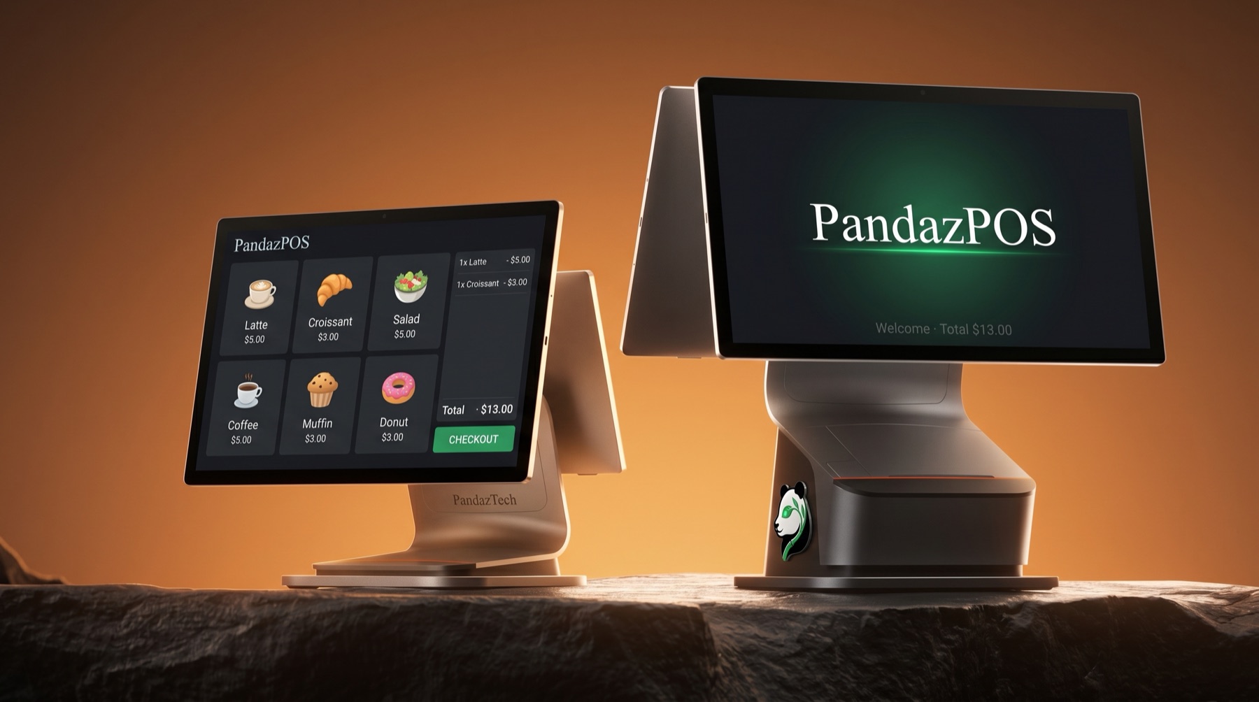 The PandazTech Terminal, a dual-screen Sunmi T3 Pro showing the cashier catalog up front and the customer-facing PandazPOS welcome screen on the back