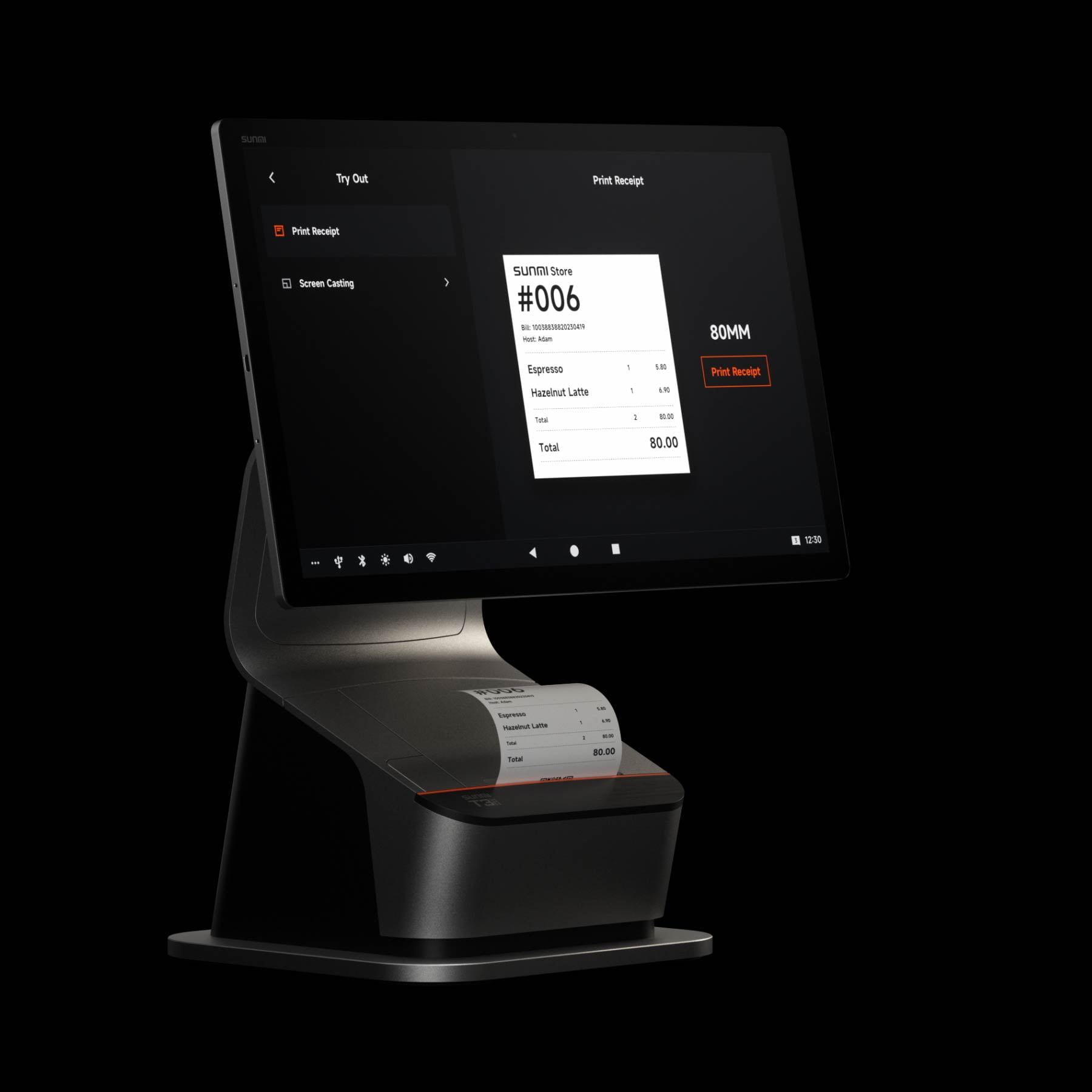 An 80mm thermal receipt printing from the base of the terminal